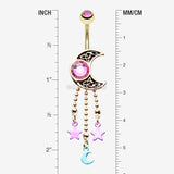 Detail View 1 of Golden Sparkle Celtic Crescent Moon Star Dangles Belly Button Ring-Fuchsia