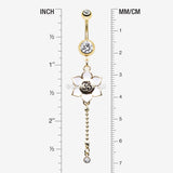 Detail View 1 of Golden Divine Lotus Om Dangle Belly Button Ring-Clear Gem