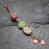 Detail View 2 of Golden Sparkle Pineapple Hearts Dangle Belly Button Ring-Pink