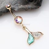 Detail View 2 of Golden Mystic Sparkle Dolphin Tail Belly Button Ring-Aurora Borealis