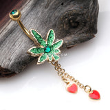 Detail View 2 of Golden Sparkle Cannabis Pot Leaf Hearts Belly Button Ring-Green