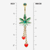 Detail View 1 of Golden Sparkle Cannabis Pot Leaf Hearts Belly Button Ring-Green