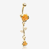 Golden Bright Metal Rose Belly Button Ring-Clear Gem