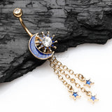 Detail View 2 of Golden Blue Sparkle Crescent Moon Sun and Stars Belly Button Ring-Clear Gem