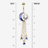 Detail View 1 of Golden Blue Sparkle Crescent Moon Sun and Stars Belly Button Ring-Clear Gem