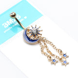 Detail View 3 of Golden Blue Sparkle Crescent Moon Sun and Stars Belly Button Ring-Clear Gem