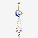 Golden Blue Sparkle Crescent Moon Sun and Stars Belly Button Ring-Clear Gem