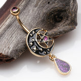 Detail View 2 of Golden Darkside Crescent Moon Star Sparkles Belly Button Ring-Purple