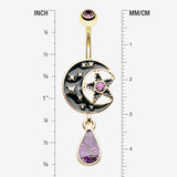 Detail View 1 of Golden Darkside Crescent Moon Star Sparkles Belly Button Ring-Purple