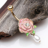 Detail View 2 of Golden Pink Full Blossom Rose Pearlescent Belly Button Ring-Clear Gem