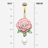 Detail View 1 of Golden Pink Full Blossom Rose Pearlescent Belly Button Ring-Clear Gem