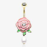 Golden Pink Full Blossom Rose Pearlescent Belly Button Ring