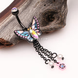 Detail View 2 of Blackline Monarch Butterfly Sparkle Dangle Flower Belly Button Ring-Black