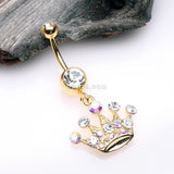 Detail View 2 of Golden Crown Jewel Multi-Gem Belly Button Ring-Clear Gem