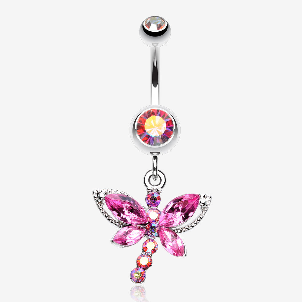 Dragonfly Glam Belly Ring-Pink/Aurora Borealis