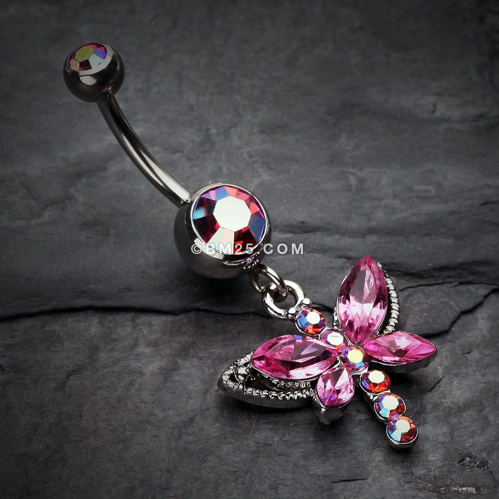 Detail View 2 of Dragonfly Glam Belly Ring-Pink/Aurora Borealis