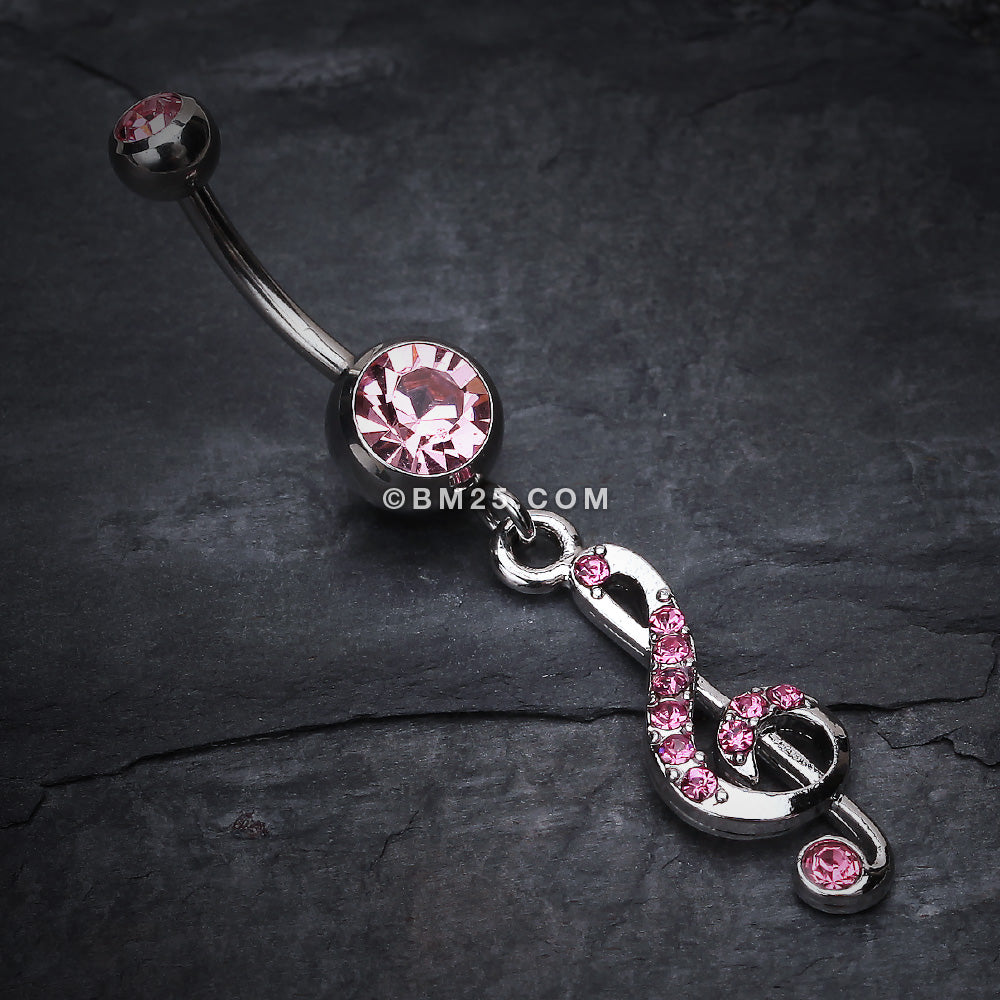 Detail View 2 of G Clef Music Note Sparkle Belly Ring-Light Pink