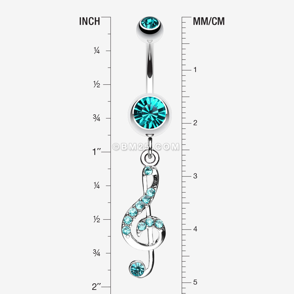 Detail View 1 of G Clef Music Note Sparkle Belly Ring-Teal