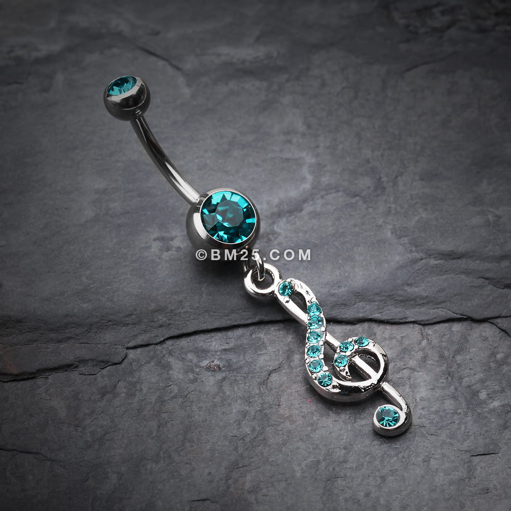 Detail View 2 of G Clef Music Note Sparkle Belly Ring-Teal