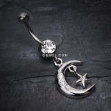 Detail View 2 of Glistening Moon and Star Belly Button Ring-Clear Gem