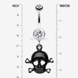 Detail View 1 of Heart Eyed Skull and Crossbones Sparkle Belly Ring-Clear Gem/Black