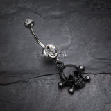 Detail View 2 of Heart Eyed Skull and Crossbones Sparkle Belly Ring-Clear Gem/Black
