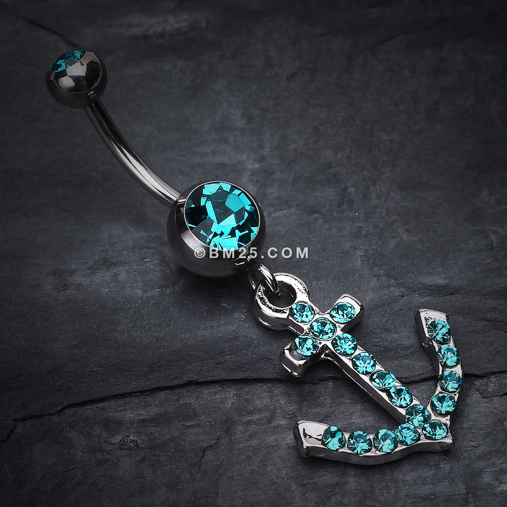 Detail View 2 of Anchor Gem Sparkle Belly Ring-Teal