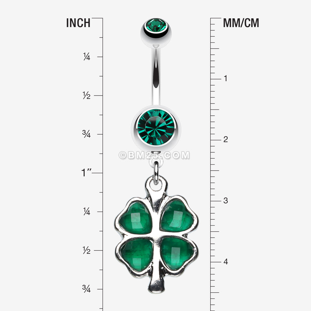 Detail View 1 of Lucky Four Leaf Clover Dangle Belly Ring-Dark Green