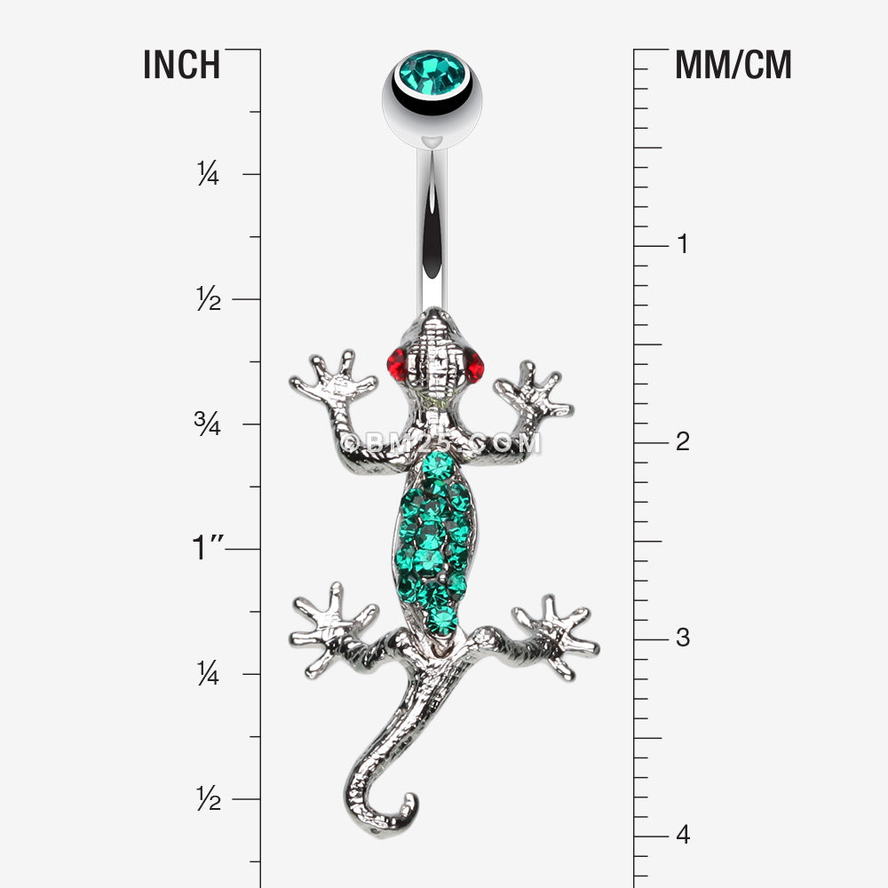 Detail View 1 of Moving Gecko Lizard Sparkle Belly Ring-Green