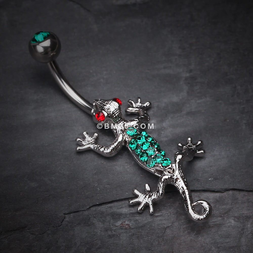 Detail View 2 of Moving Gecko Lizard Sparkle Belly Ring-Green