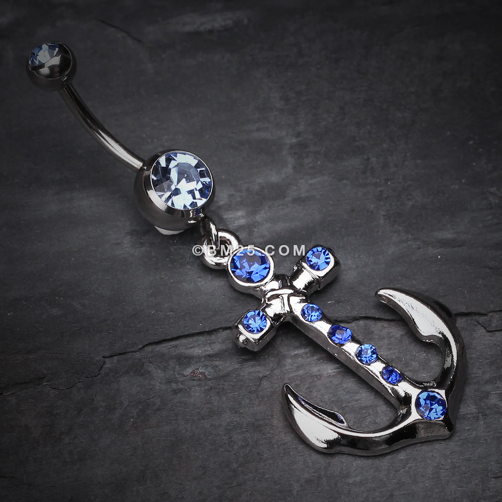 Detail View 2 of Jeweled Anchor Belly Ring-Blue