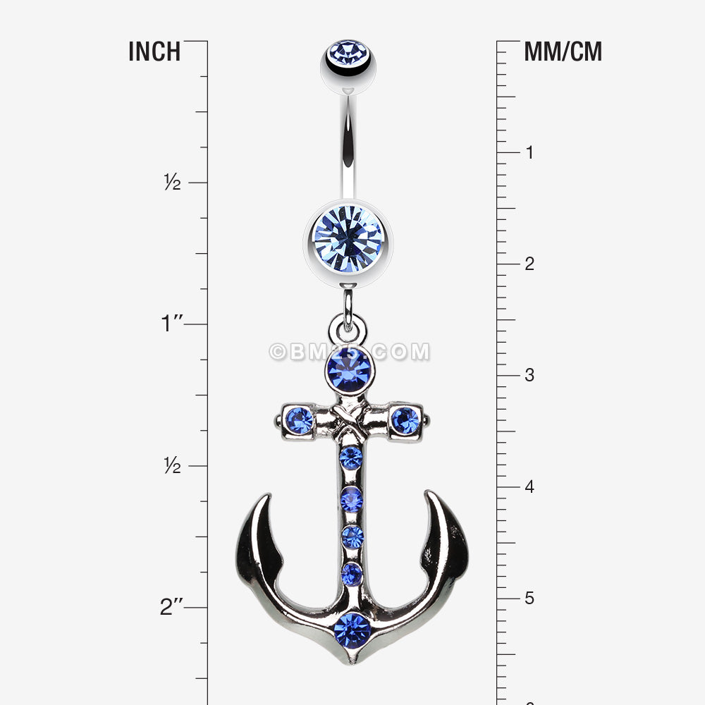 Detail View 1 of Jeweled Anchor Belly Ring-Blue