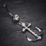 Detail View 2 of Jeweled Anchor Belly Ring-Clear Gem
