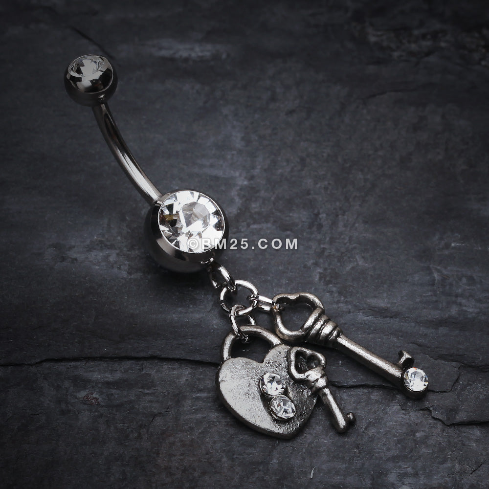 Detail View 2 of Love Lock Down Belly Button Ring-Clear Gem