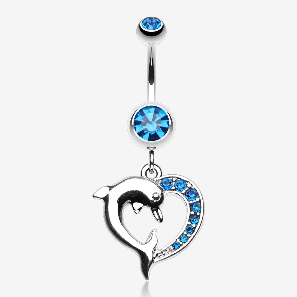 Enchanting Heart Dolphin Belly Button Ring-Capri Blue