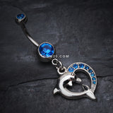 Detail View 2 of Enchanting Heart Dolphin Belly Button Ring-Capri Blue