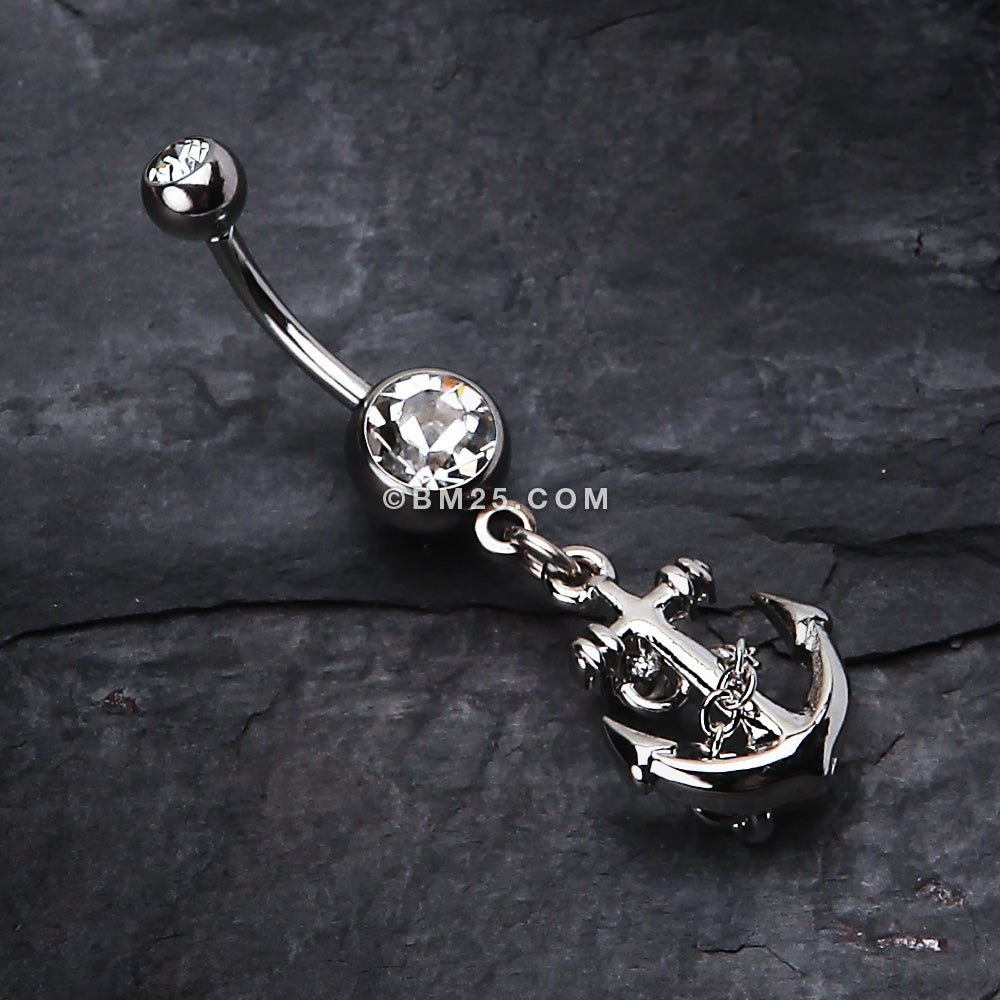 Detail View 2 of Classic Anchor Dangle Belly Ring-Clear Gem