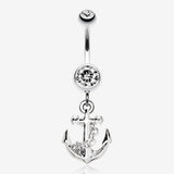 Classic Anchor Dangle Belly Ring-Clear Gem