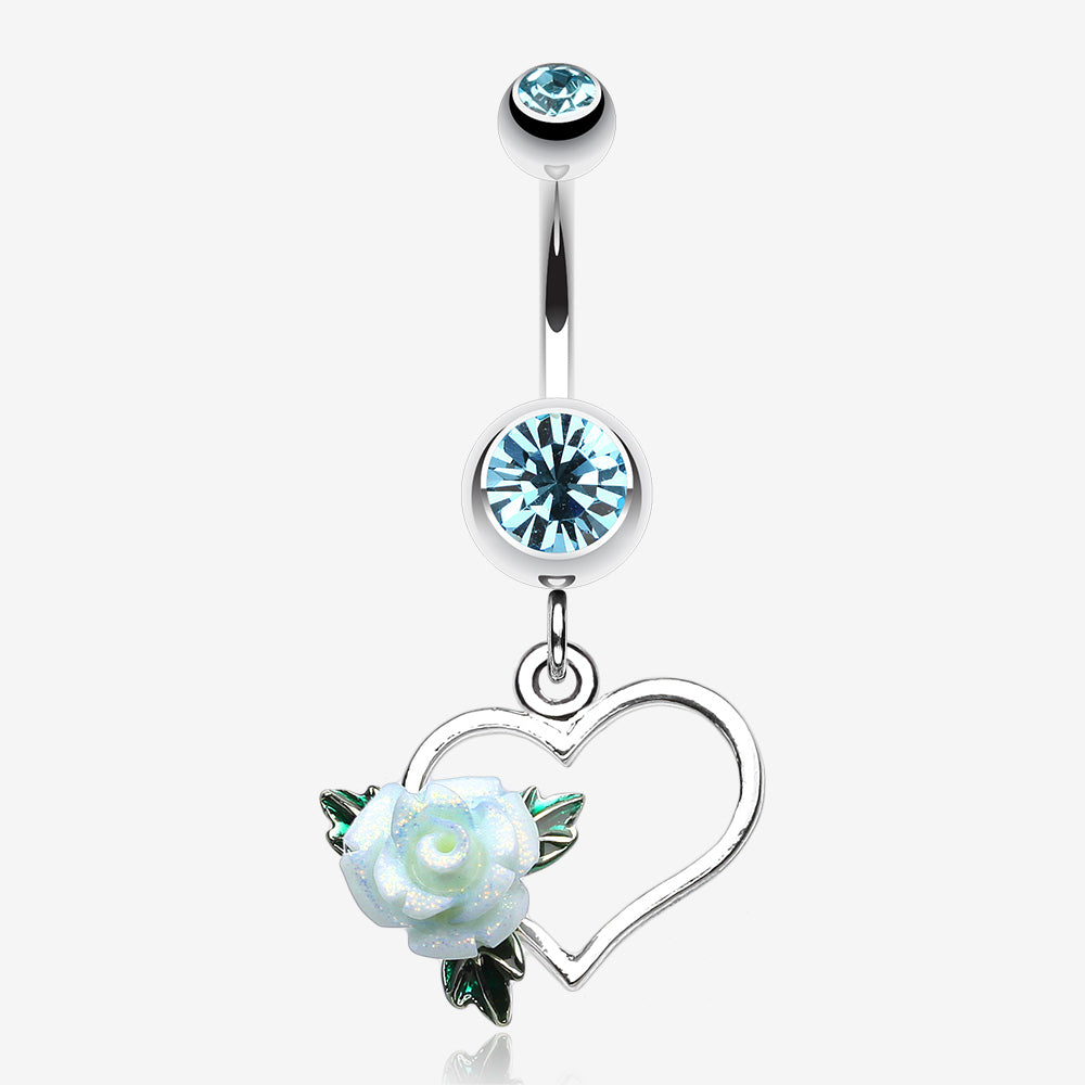 Glittering Sweet Heart with Rose Belly Button Ring-Aqua
