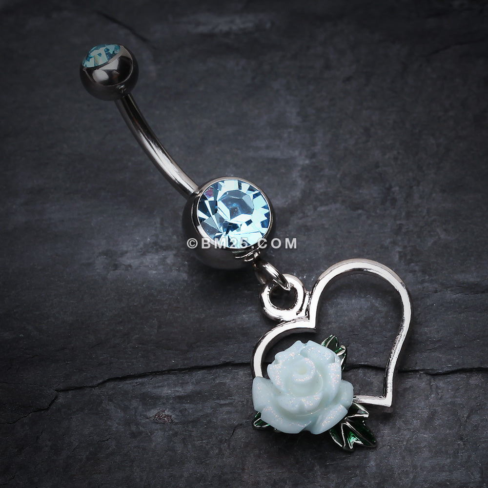 Detail View 2 of Glittering Sweet Heart with Rose Belly Button Ring-Aqua