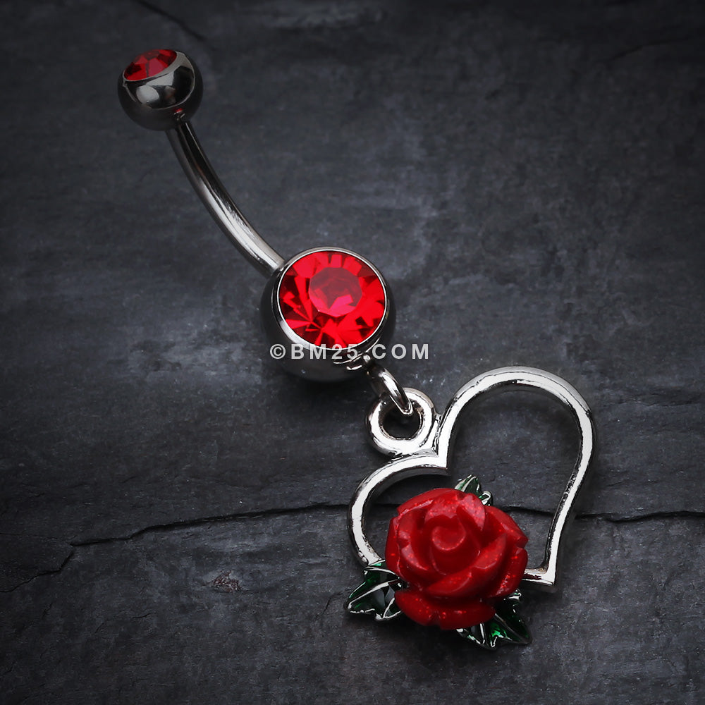 Detail View 2 of Glittering Sweet Heart with Rose Belly Button Ring-Red