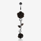 Shimmering Rose Vine Belly Ring-Black