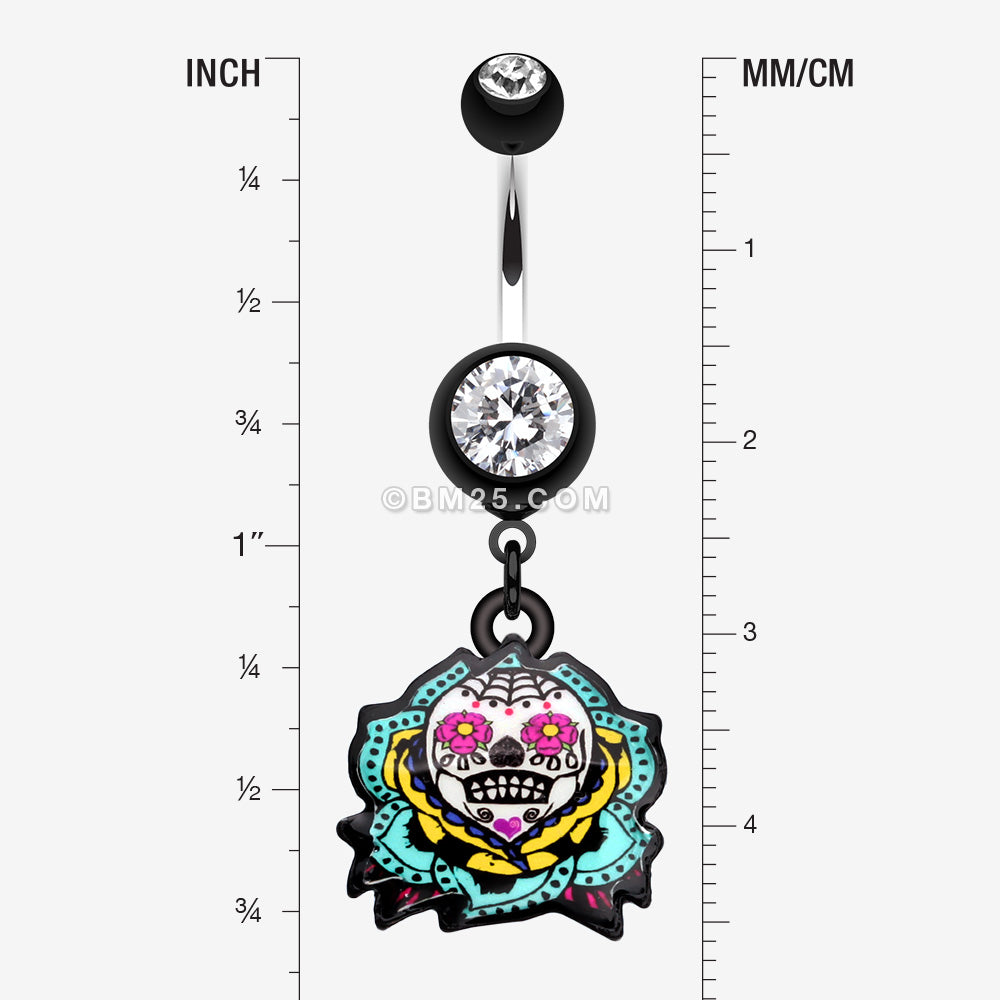 Detail View 1 of Sugar Skull Rose Belly Button Ring-Black