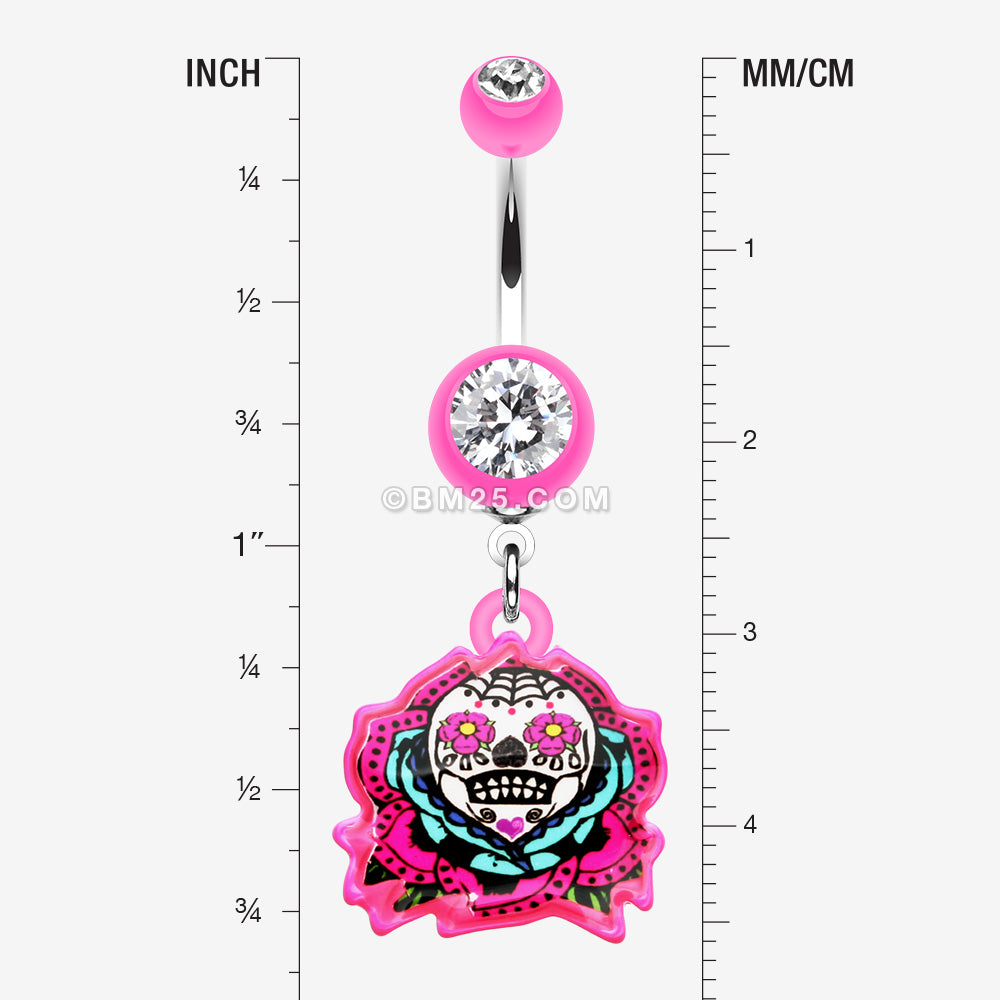 Detail View 1 of Sugar Skull Rose Belly Button Ring-Pink