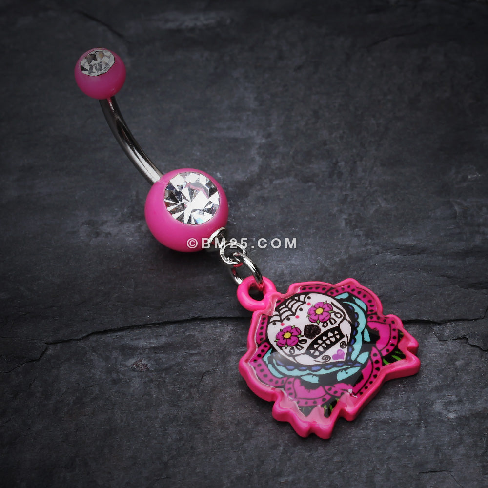 Detail View 2 of Sugar Skull Rose Belly Button Ring-Pink