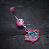 Detail View 2 of Retro Tattooed Rose Belly Button Ring-Pink