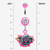 Detail View 1 of Retro Tattooed Rose Belly Button Ring-Pink
