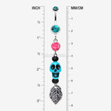 Detail View 1 of Colorful Rose Skull Leaf Dangle Belly Ring-Teal