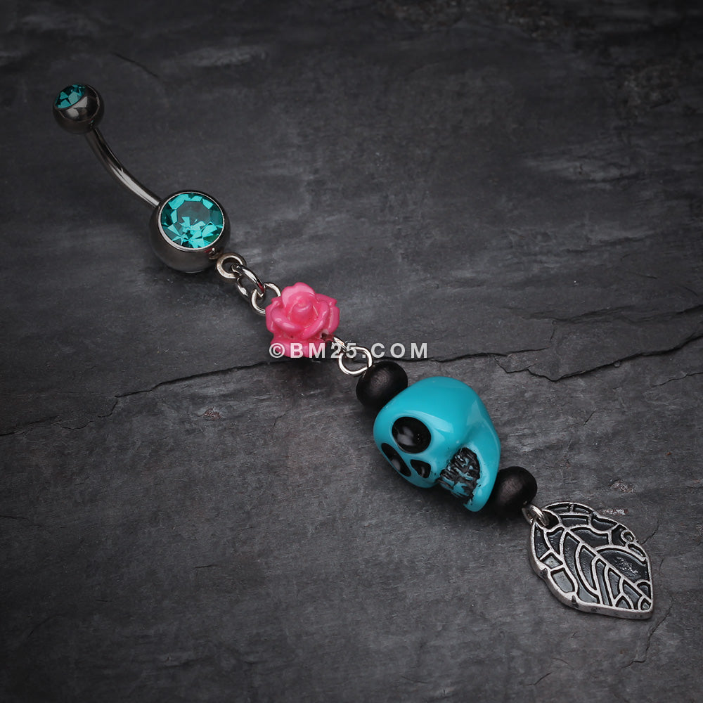 Detail View 2 of Colorful Rose Skull Leaf Dangle Belly Ring-Teal