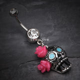 Detail View 2 of Bright Sugar Skull Rose Belly Ring-Clear Gem